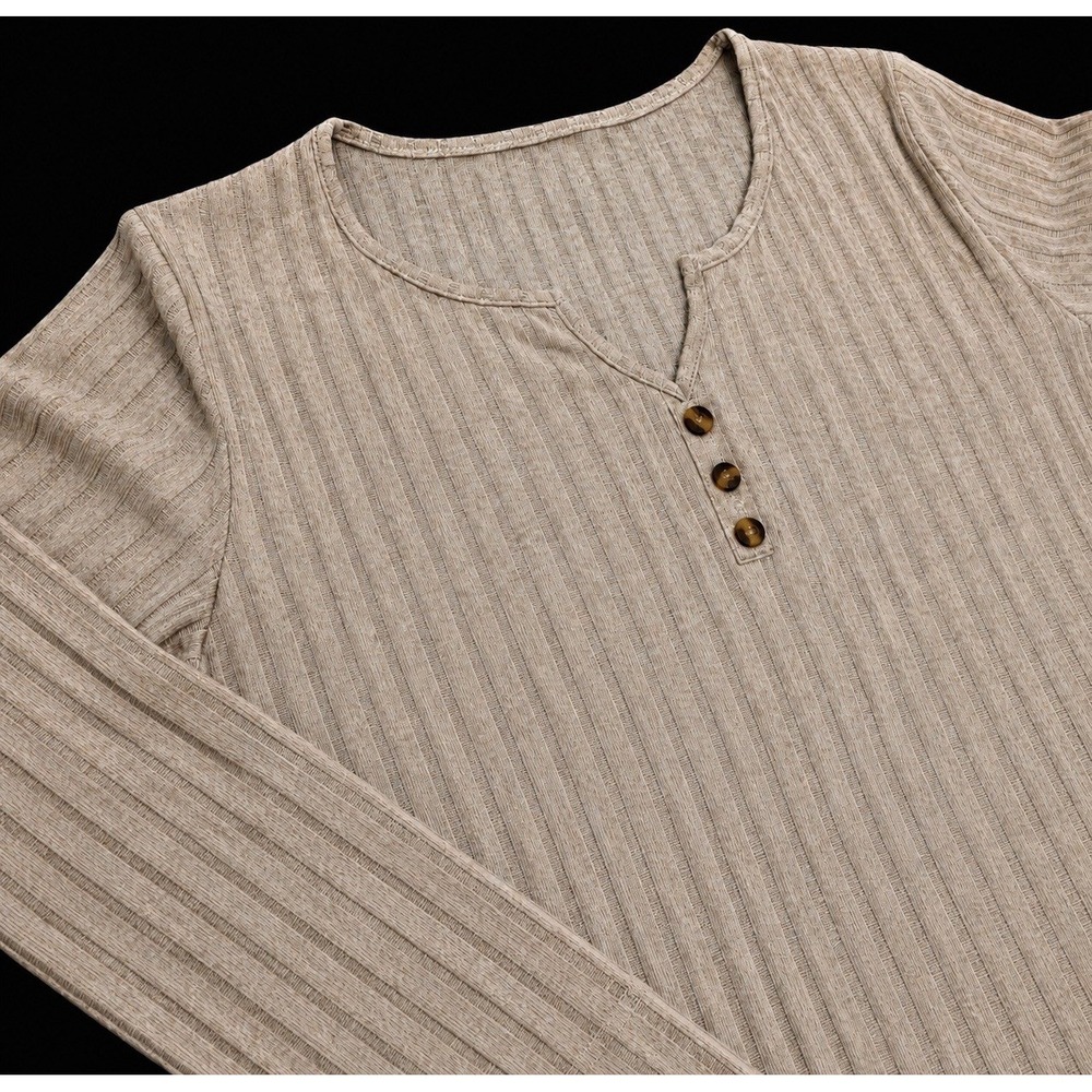 G0106-Women's Ribbed Henley Long Sleeve Top Oatmeal Beige Buttons Size L